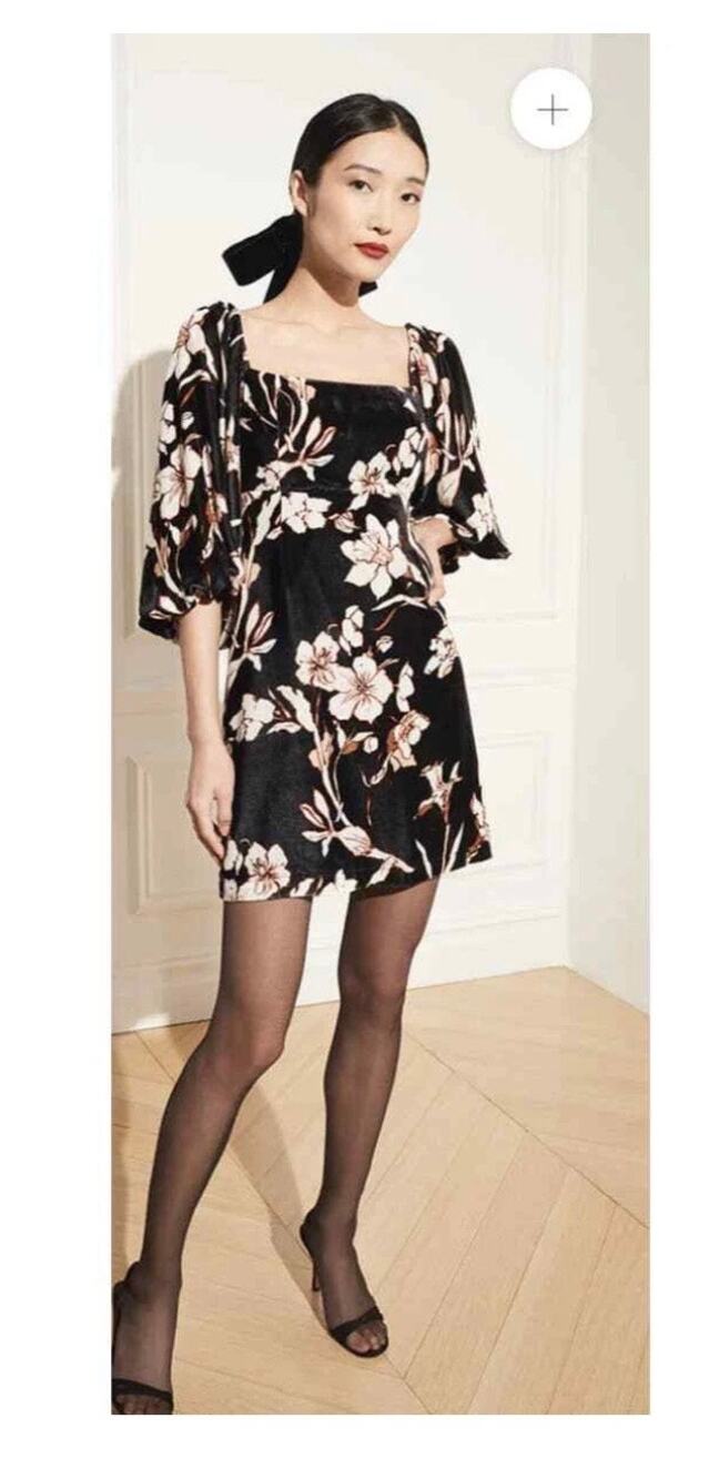 Cara Cara Adolophone Black Floral Print Velvet Square Neck Mini Dress Size Small